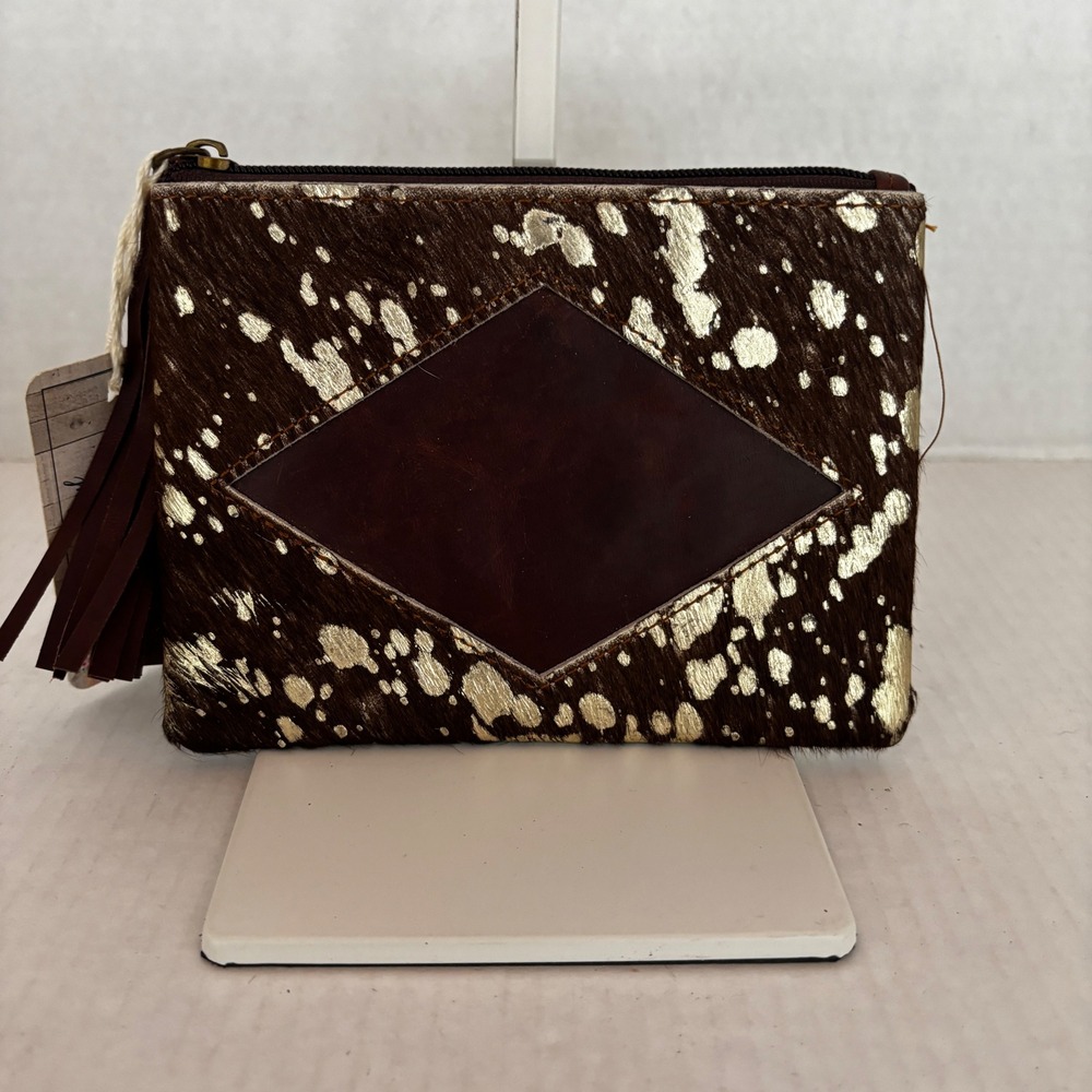 Crazy Horse Coin Purse Women Brown Gold Cowhide Leather Acid Wash Tassel Pouch